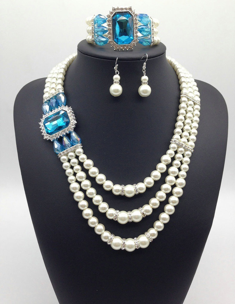 Gemstone Pearl Necklace Earrings Bracelet Jewelry Set