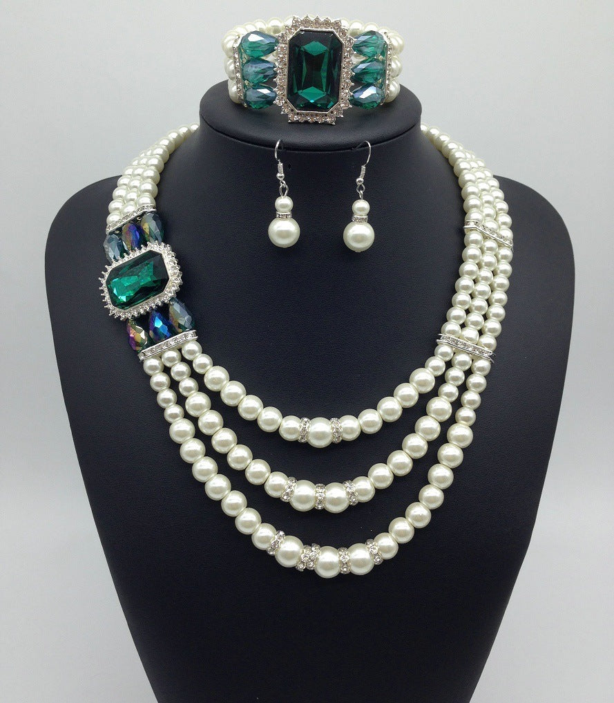 Gemstone Pearl Necklace Earrings Bracelet Jewelry Set