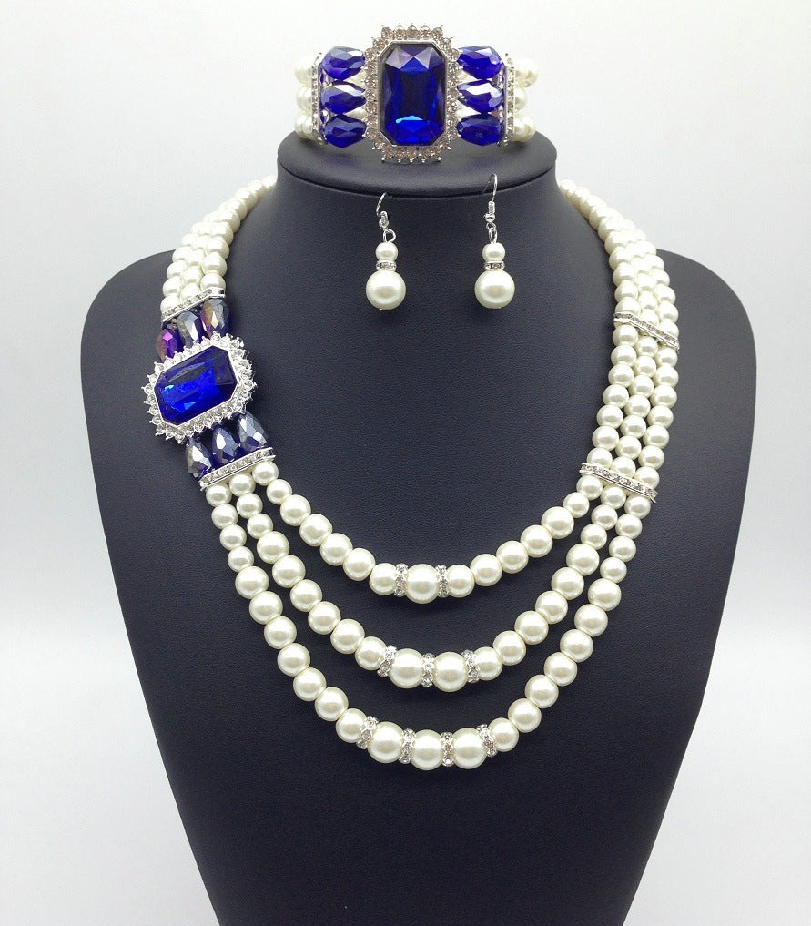 Gemstone Pearl Necklace Earrings Bracelet Jewelry Set