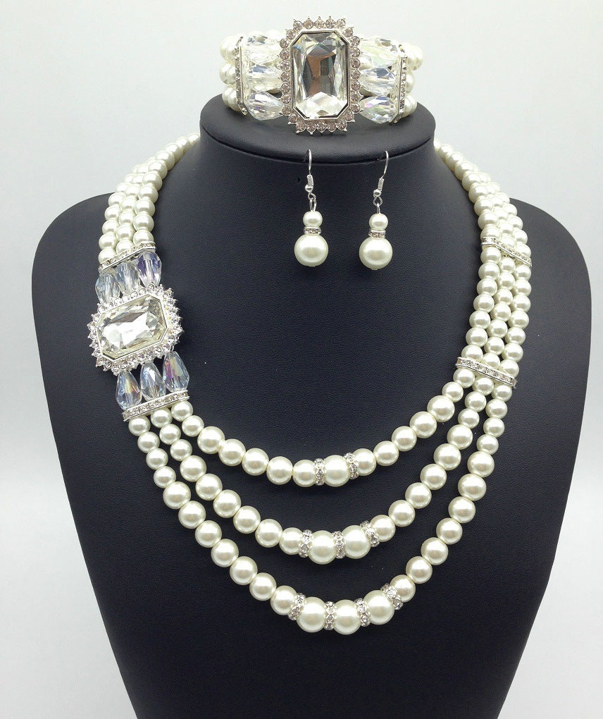 Gemstone Pearl Necklace Earrings Bracelet Jewelry Set